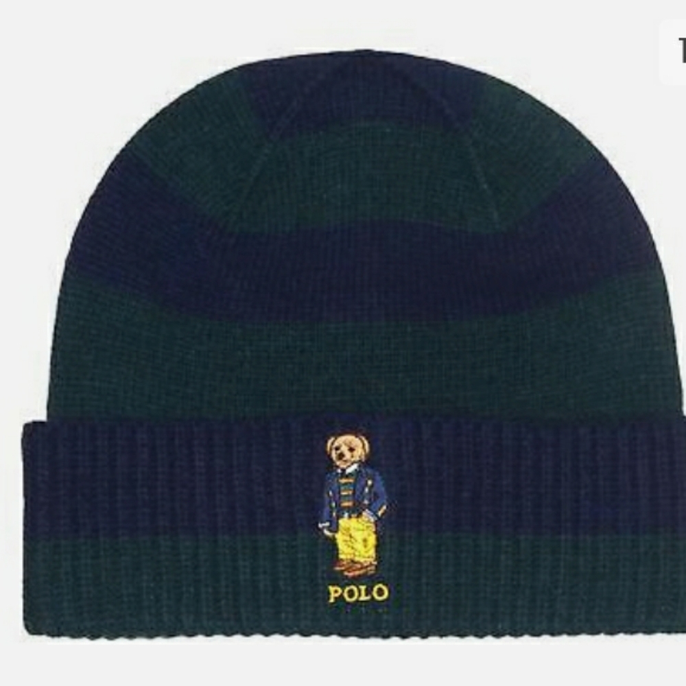 NWT Polo Ralph Lauren Rugby Stripe Bear Beanie - College Green/Navy